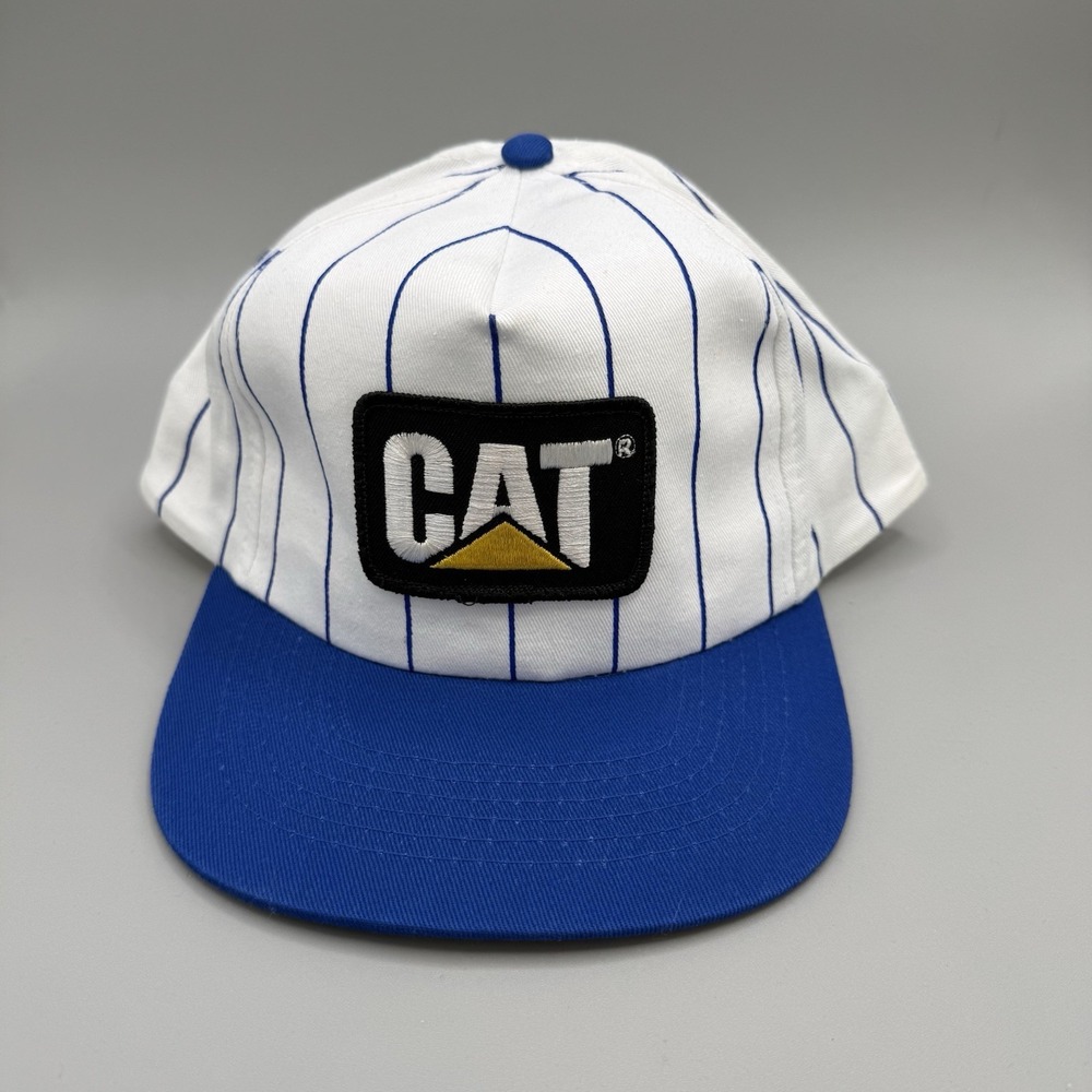Vintage CAT Caterpillar Snapback Hat Blue White Pinstripe KC TomKim USA